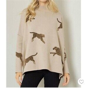 Entro Cheetah Print Mock Neck Oversized Cozy Knit Sweater Tan Drop Shoulder Sz L